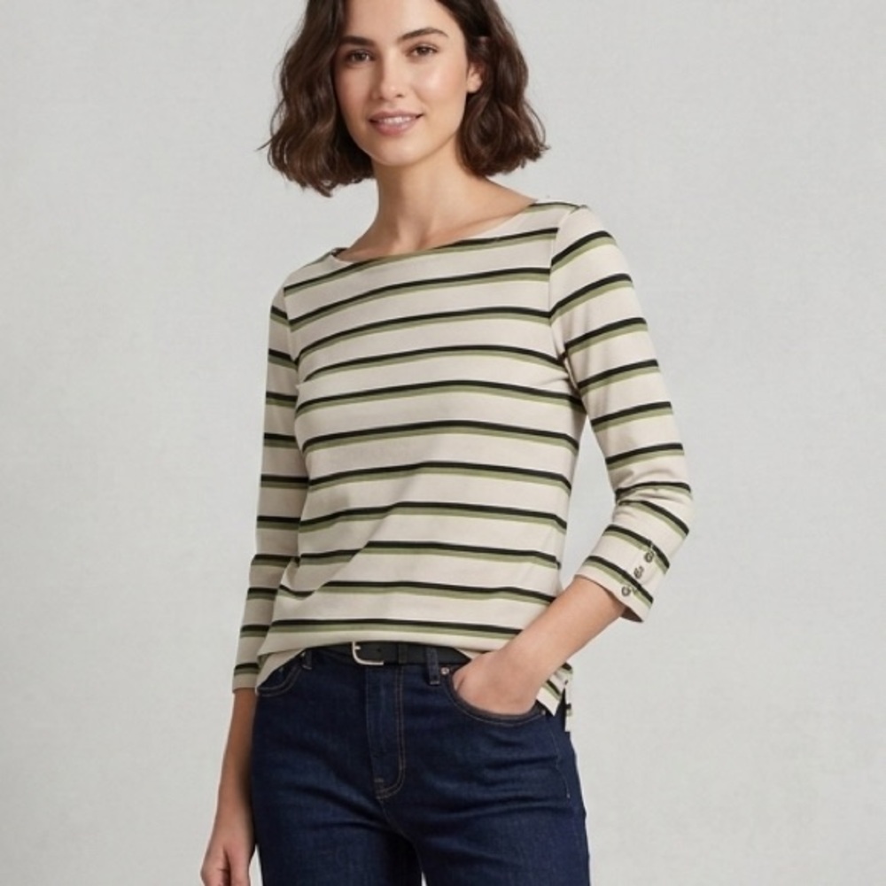 Tabitha Webb 3/4 Sleeve Cotton Blend Striped Tee Small Ivory Green UK Design